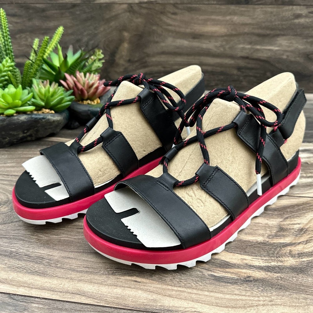 NIB Sorel Roaming Lace 7.5 Slingback Gladiator Flat Leather Sandals Black Pink - Picture 4 of 12